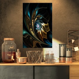 Designart PT12104-16-32 Brown Blue Fractal Flower in Black Oversized Abstract Canvas Art, 16x32
