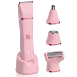 Bikini Trimmer for Women - 4 in 1 Electric Razors for Women, Waterproof Body Pubic Hair Electric Shaver for Womens, Replaceable Facial & Nose Hair Razor, Rechargeable Grooming Kit, Pink