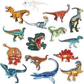 CABODYALS - Parche bordado de dinosaurio, 15 piezas de dinosaurio, varios tamaños, parches coloridos para coser y reparar animales, apliques a granel para costura, manualidades, ropa, mochilas,