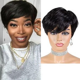 Huarisi Short Black Bob Wig with Bangs Side Part 1B Chic Elegent Pixie Cut Wigs for Women Wavy Human Hair Glueless Natural Side-Swept Fringe Layered None Lace Remy Real Hair
