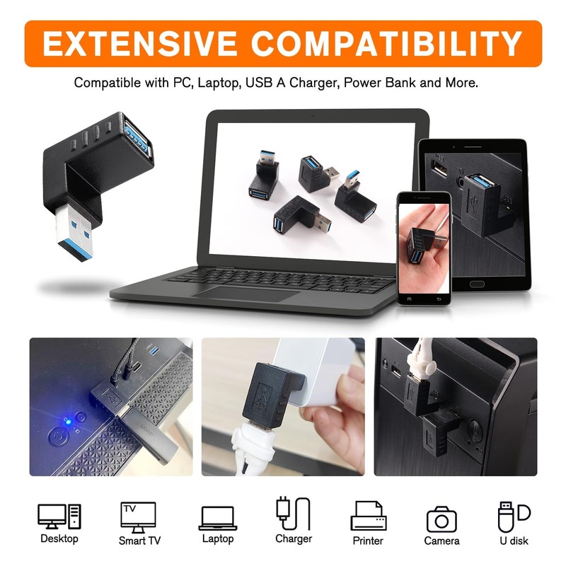 KUOQIY 4 pieces USB 3.0 angle adapter, 90° angle adapter,