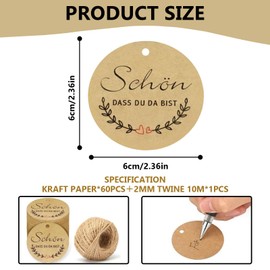 LINGJIA Pack of 100 Christmas Gift Tags, Round Gift Tags, Kraft Paper Gift Tags with String, for Crafts, Weddings, Christmas, Gift Wrapping