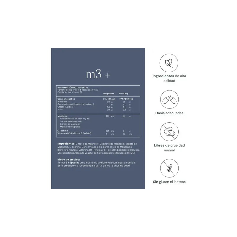 M3+ | Magnesio Glicinato, Citrato Y Malato Lteanina, 90 Cap