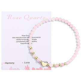 CERSLIMO Rose Quartz Bracelet for Women Girls - Natural Bead Healing Stretch Link Bracelets with Small Beautiful 4mm Crystal & Sweet Heart Charm, Anxiety Gift Birthday Christmas Gifts
