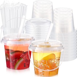 Funnymoom 50 Set Clear Plastic Cups 24 oz Ice Cream Buckets with Lids and Straws Disposable Drink Cups Cocktail Pails with Handles for Outdoor Holiday Travel Beach Birthday Pool Party Supplies