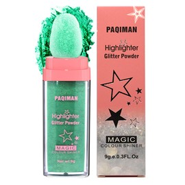Green Glitter Powder Highlighter Makeup, Body Brightens the Natural Three-Dimensional Face Blusher Fairy Highlight Patting Powder. (04# Green)