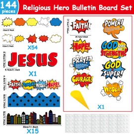 Religious Hero Bulletin Board Set, Super Theme Hero Jesus Religious Decor Bulletin Board Cutouts, Christian Sunday School Preschool Classroom Decorations Cutouts Wall Decor, 114 Pieces