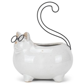 Napco Groovy Cat with Glasses 3.25 Inch White Wire and Ceramic Flower Pot Planter