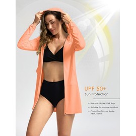 Women's UPF 50+ Swim Cover Up Sun Protection Hoodie Long Jacket SPF Lightweight Beach Cover Ups for Women(Orange,XXL)