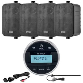 Enrock Gauge Style Media Center Marine Grade Bluetooth Receiver, 4 x Enrock 4" 3-Way Indoor/Outdoor Box-Speakers Audio System (Black), Auxiliary Interface Mount, Radio Antenna