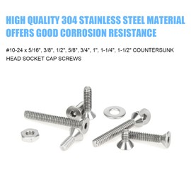 DYWISHKEY 156 Pieces #10-24 x 5/16", 3/8", 1/2", 5/8", 3/4", 1", 1-1/4", 1-1/2" Countersunk Head Socket Cap Screws Nuts Washers Assortment Kit, 10-24 Screw Kit, 304 Stainless Steel