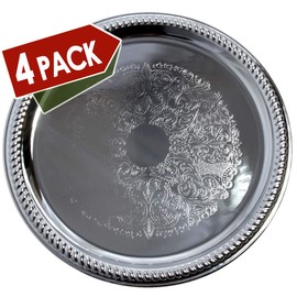 Maro Megastore (Pack of 4) Traditional Round Floral Pattern Engraved Catering Chrome Plated Serving Tray Mirror Plate Silver Metal Platter Tableware Wedding Birthday (Extra Large) T139 (4-Pack (14"))