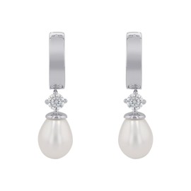 Amor Women's Creole Earrings 925 Silver Rhodium-Plated Zirconia White Round Freshwater Cultured Pearl White – 2017288