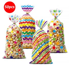 WRBAJIS Rainbow Cellophane Bags Clear Candy Bag Star Polka Dots Goodie Cookie Treat Bags with Ties for Birthday Wedding Baby Shower School Party Supplies 50Pcs