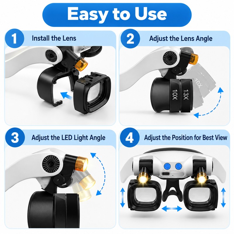 Head-Mounted LED Magnifying Glass for Precision Work – Hands-Free Design