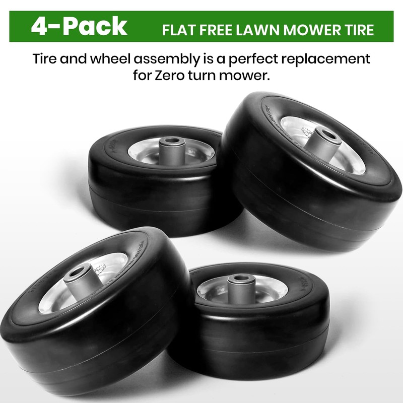 (4-Pack) 9x3.50-4” Flat Free Lawnmower Tire with 4" Centered Hub,