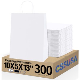 GSSUSA White Kraft Paper Gift Bag with Handles, 10x5x13 Bulk Shopping Grocery Paper Bags 200 Pcs