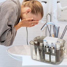 Balakaka Basic Storage Basket, Bathroom Organiser, 8 L, Plastic Storage Basket with Handle, Transparent Lid and Drainage Hole, Plastic Bathroom Basket for Shower and Care Accessories