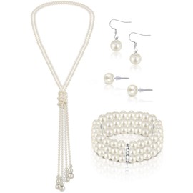 Glenmal Pearl Rhinestone Jewelry Set for Women Wedding Necklace Bracelet Earrings for christmas Birthday Tea Party(Vintage Style)