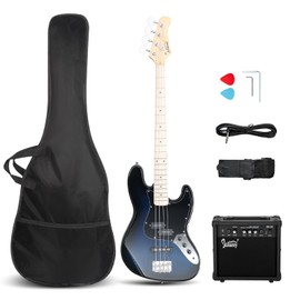 GLARRY Bass Guitar Full Size 4 String Exquisite Stylish Bass with Guitar Bag Power Line and Wrench Tool (Dark Blue, With AMP)