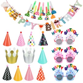 GWAWG 25Pcs Birthday Party Sets with Birthday Banners, 11Pcs Birthday Cone Party Hats, 10 Pcs Party Blowers, 3 Pcs Party Glasses, Paper Party Hats for Girls Boys Kids Adults (9 Hats+2 Crowns)