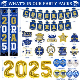 38Pcs Blue and Gold 2025 Graduation Decorations Set - Congrats Grad Banner, Grad Hanging Swirls, 2025 Porch Banner and Foil Balloons for 2025 Graduation Party Decorations Blue and Gold