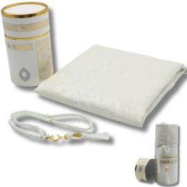 Muslim Prayer Rug & Prayer Beads with Kaaba Gift Box - Islamic Gifts Set, Janamaz, Sajadah, Muslim Carpet Mat for Gift Her and Him White CRK02