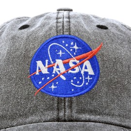 DALIX NASA Hat Baseball Cap Washed Cotton Embroidered Logo Pigment Dyed in Black