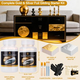 Gilding Adhesive Set- 200 ML Water Based Adhesive Glue and 200 ML Varnish with 100 Silver Leaf and 100 Sheets of Gold Foil Leaf Gilding Kit for DIY Art Painting Furniture Crafts Decoration