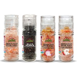Himalayan Chef Salt & Pepper Grinder Variety Pack (Pink Salt, Black Peppercorn, Onion Salt, Garlic Salt), Pack of 4