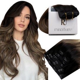 RUNATURE Ombre Clip in Hair Extensions Human Hair, 20 Inch Long Hair Extensions Clip Ins, Soft Straight Natural Hair for Women, Tangle-free, 120g 7pcs #1B/6/27 Black to Brown with Honey Blonde