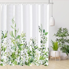 Tititex Greenery Eucalyptus Shower Curtain Sets, Bright Green Watercolor Leaves Plant with Floral Bathroom Decoration 71x71 Inch with Hooks
