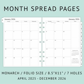 newestor 2025-2026 Monthly Planner Refill for 3 Ring Binder, Apr 2025 - Dec 2026, Two Pages Per Month, 8-1/2" x 11", Monarch/Folio Size 5