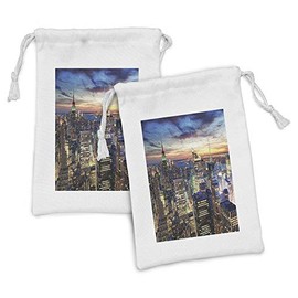 Ambesonne New York Fabric Pouch Set of 2, Skyline of NYC Urban Skyscrapers at Sunset Dawn Streets USA Architecture, Small Drawstring Bag for Toiletries Masks and Favors, 9" x 6", Orange Blue
