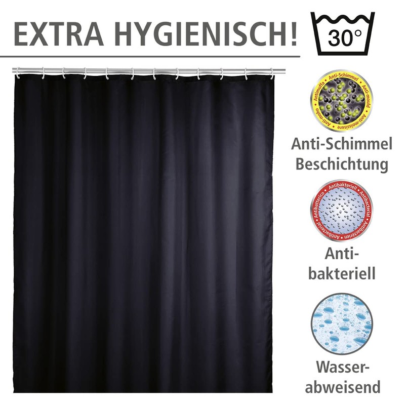 WENKO 20043100 Antimould shower curtain singlecolour Black antibacterial, washable, Plastic