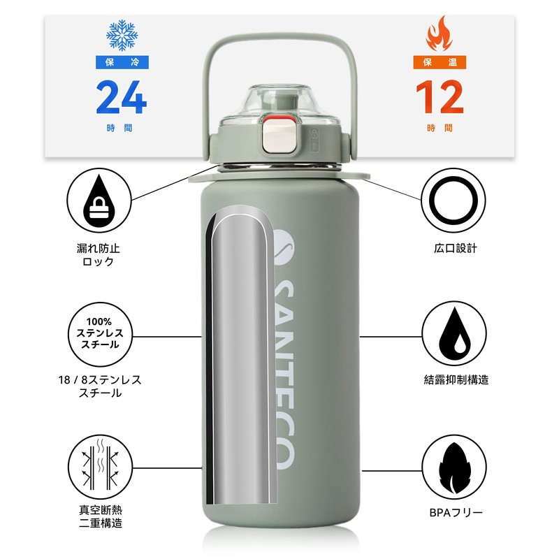 SANTECO Vacuum Insulated Sports Bottle, 3.2 gal (1.2 L), Removable