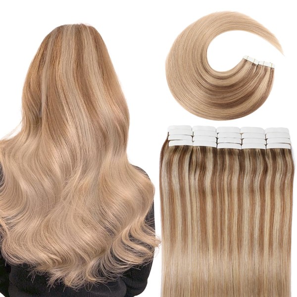 VINBAO Tape in Hair Extensions Balayage 10 Golden Brown Highlighted Fading to 16 Golden Blonde Highlights With Color 16 Highlighted Tape in Hair 22 Inch 50 Gram 20Pcs Tape in Hair Extensions Human Hair(tape#10/16/16-22Inch)
