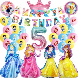 Luchild Ballons Princess Party Decorations Girls- Princess 5th Birthday Decorations 5 Years Old Princess Foil Balloons Age 5 Happy Birthday Banner for Kids Princess Theme Party Supplies Decorations
