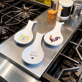 Mason Sucasa Spoon Rest Set, Whimsical Let's Spoon, Squeeze the Day and Rooster Design, Cooking Accessory, Ceramic, Set of 6