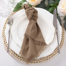DeZerlor 12 Pack Nude Cotton Linen Napkins with Fringe Boho Thanksgiving Napkins Cloth Set of 12 Handmade Dinner Napkins Bulk for Wedding Bridal Baby Shower Fall Dining Table, 17 x 17 Inches