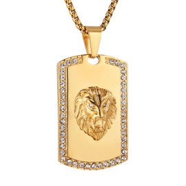 HZMAN 18K Gold Plated Lion Head Dog Tag Necklace Pendant for Men Stainless Steel Hip Hop Rock High Polished Lion Necklaces Animal Amulet Jewelry