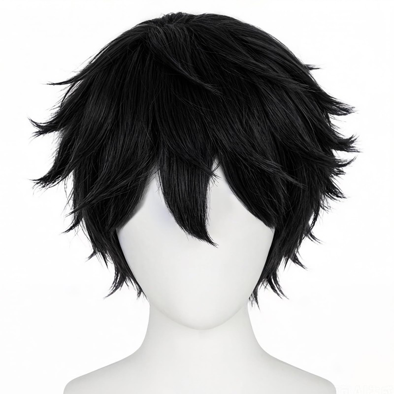 TIKJOYS Short Black Layered Wig for Men Fluffy Wig Black