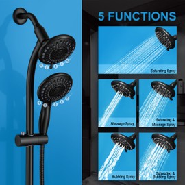 Egretshower Handheld Showerhead & Rain Shower Combo for Easy Reach, 27.5" Drill-free Stainless Steel Slide Bar, 5”of 5-setting Handheld Shower and Showerhead, with 5ft Hose - Black