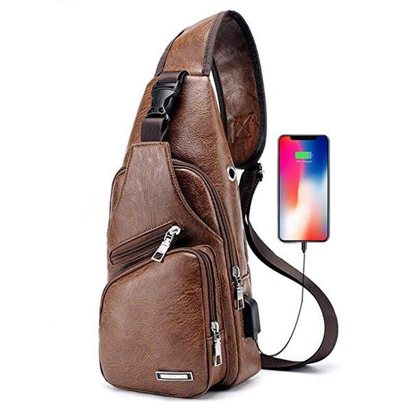 Men's Large Leather Sling Backpack Chest Shoulder Crossbody Bag with USB Charging Port (Large Brown)