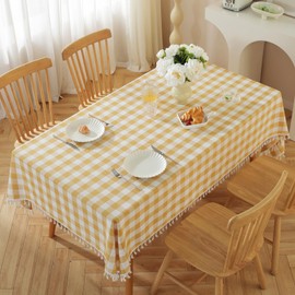 Cotton Linen Buffalo Plaid Tablecloth Rectangle CheckeYellow Table Cloth with Tassel Washable Gingham Table Cover for Dining Kitchen, Yellow, 55 x 70 Inch