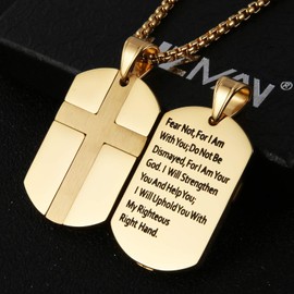 HZMAN Isaiah 41:10 Jewelry, Stainless Steel Cross Dog Tag Pendant Necklace Strength Bible Verse (Gold)