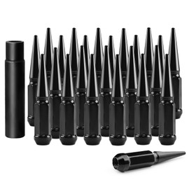 Set of 32, 14 mm x 1.5 Wheel Spike Lug Nuts, M14x1.5 Conical Bulge Seat, Closed End Spiked Lug Nuts with 1 Socket Key for Silverado Sierra 2500 3500, F250 f350 Aftermarket Wheel Black