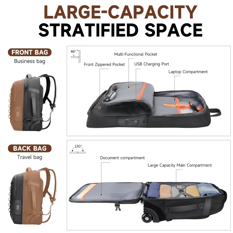 2-in-1 Detachable Carry On Rolling Backpack - Splits into Two