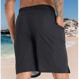 APTRO Men's Swimming Trunks Long with Compression Liner Quick-Drying Swimming Shorts 2 in 1 Swimming Trunks with Zip Pocket Inner Shorts Surfing Beach Shorts, Black Mk287