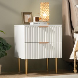 SICOTAS White Night Stand, Fluted Glossy Nightstand with 2 Drawers, Wide Modern Storage Bedside Table for Bedroom, End Side Table with Golden Metal Legs and Handles (White, 1 Piece)